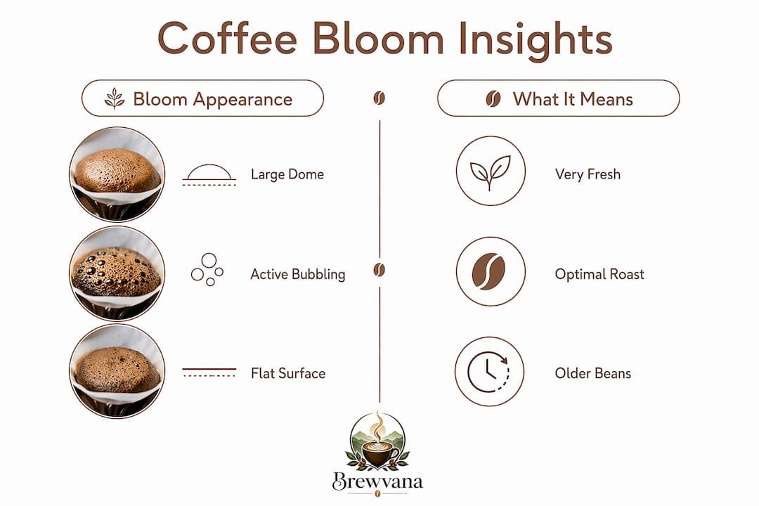 Infographic illustrating coffee bloom appearance and meanings