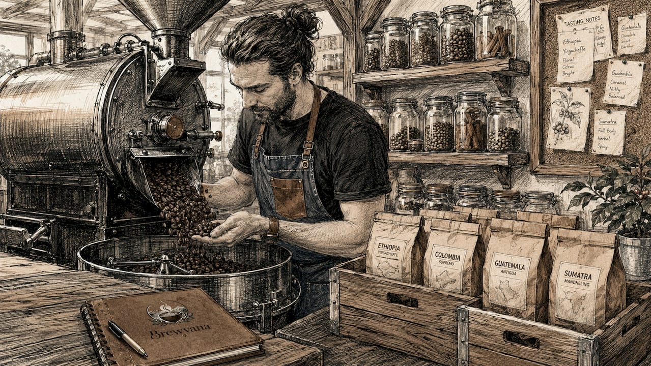 Coffee roaster inspecting small-batch roast