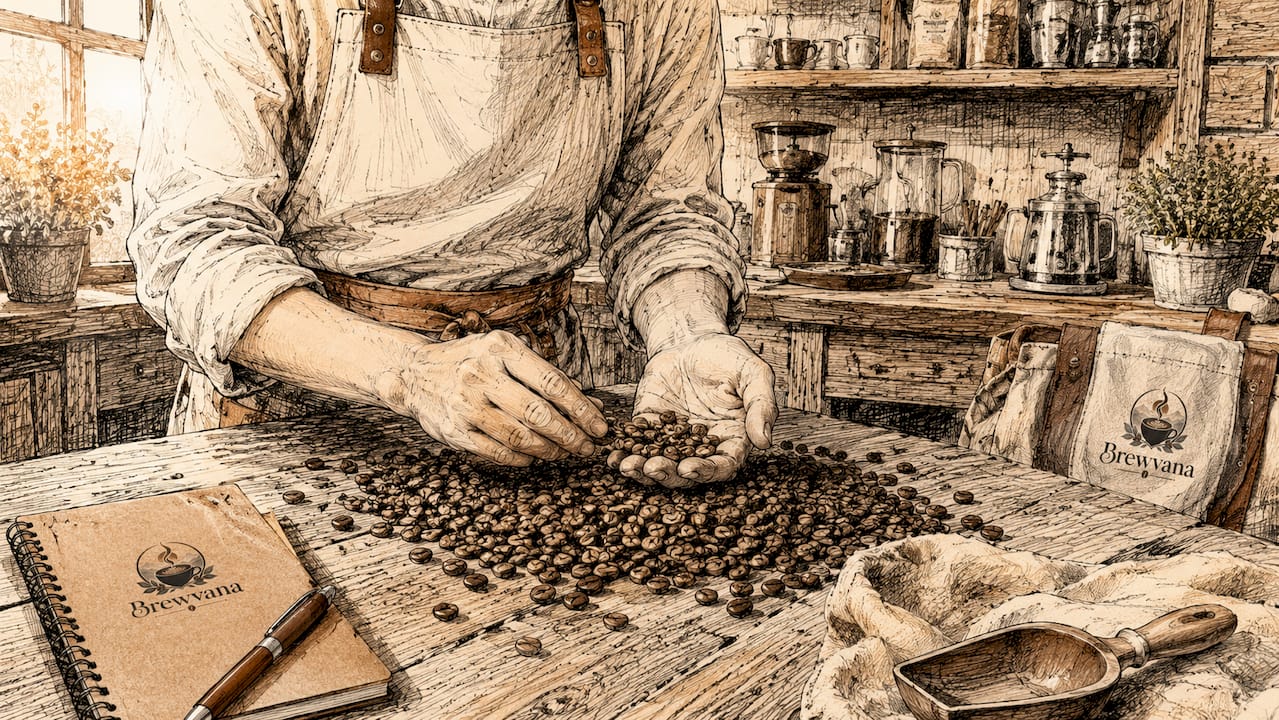 Barista inspecting freshly roasted coffee beans