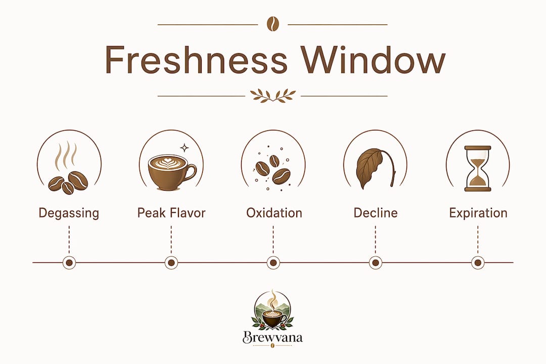 Infographic illustrating coffee freshness stages after roast