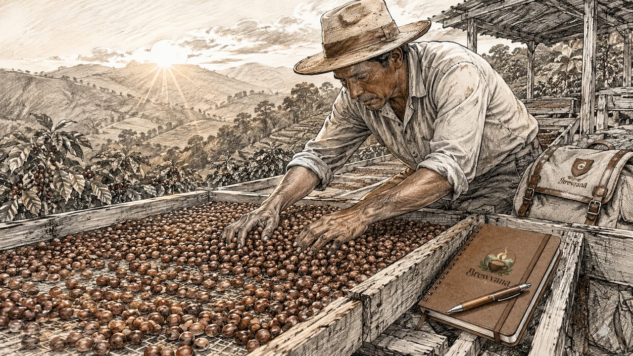 Farmer drying whole coffee cherries outdoors