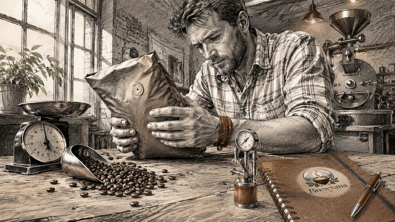 Hands inspecting puffed coffee bag with degassing valve