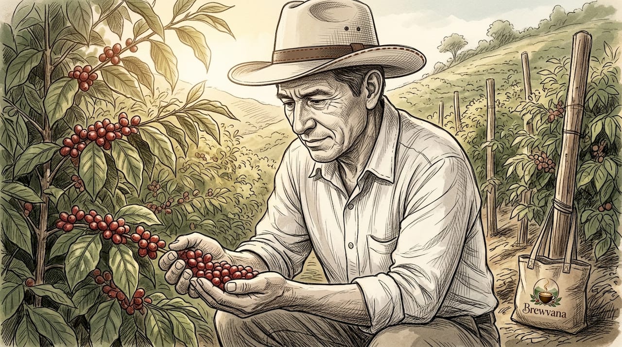 Coffee farmer inspecting ripe cherries in plantation