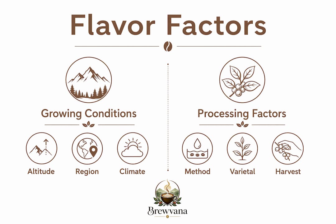 Infographic showing key factors shaping single origin coffee flavor