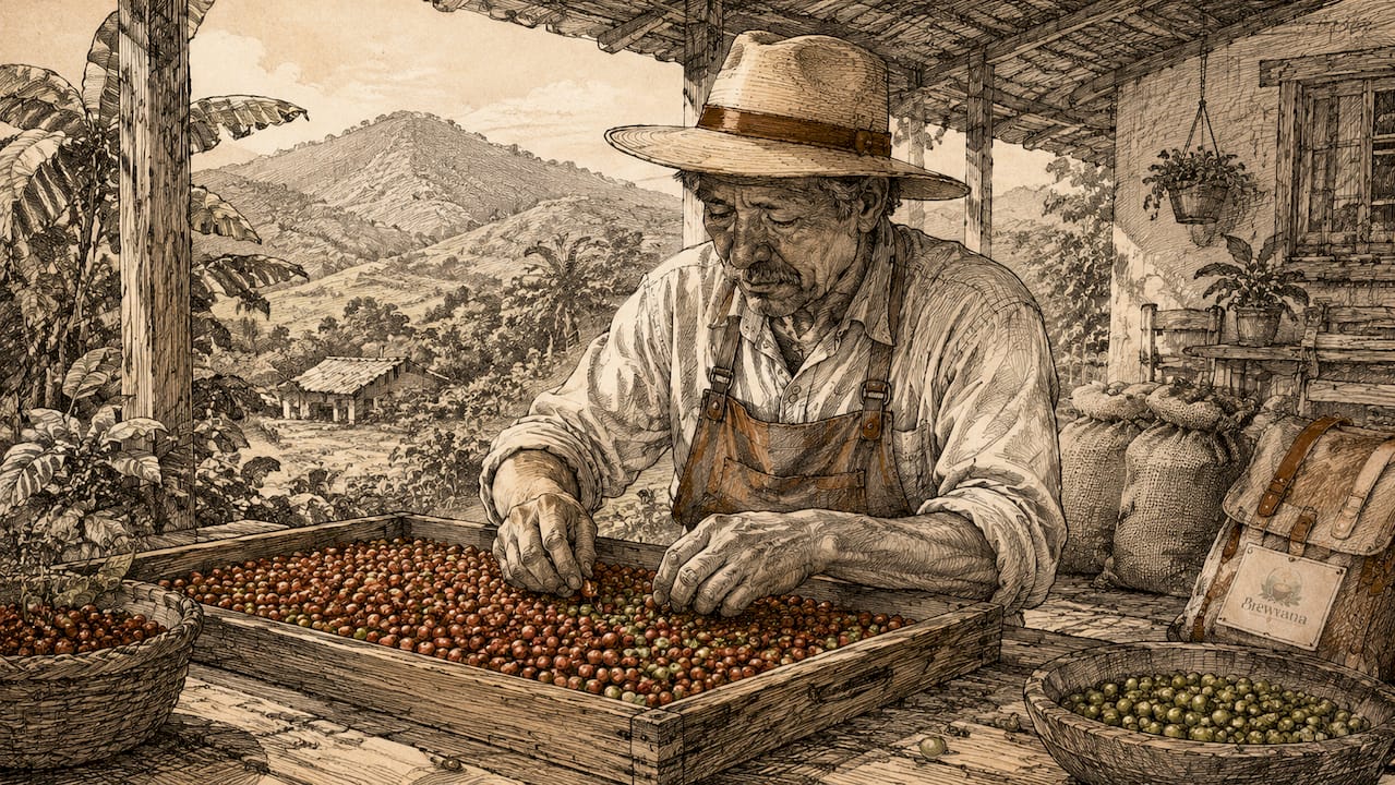 Coffee farmer sorting fresh cherries outdoors
