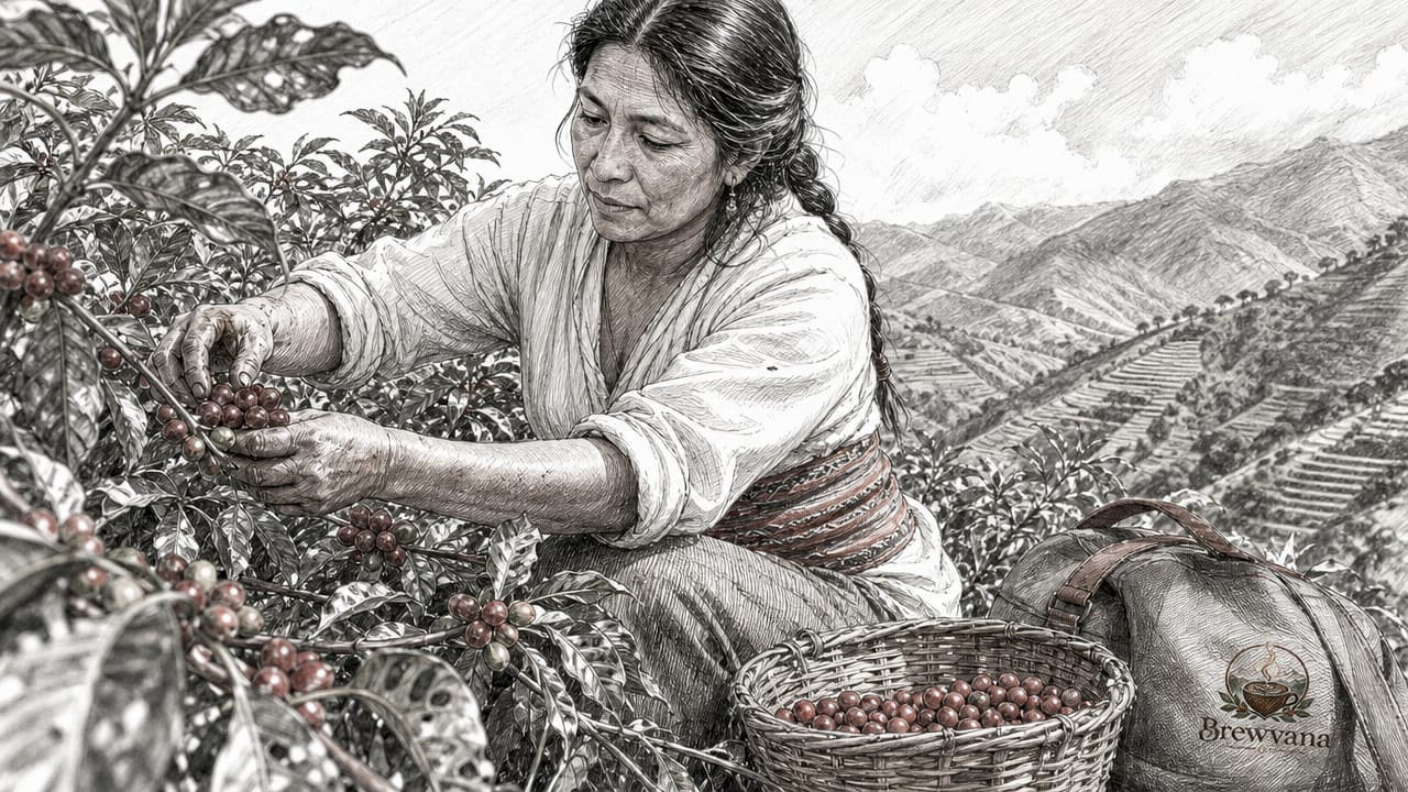 Female coffee farmer inspecting cherries at altitude farm