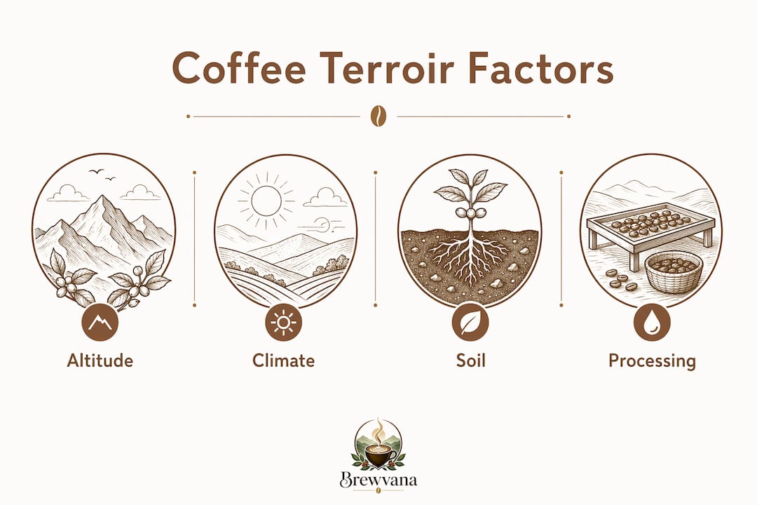 Infographic illustrating coffee terroir factors hierarchy