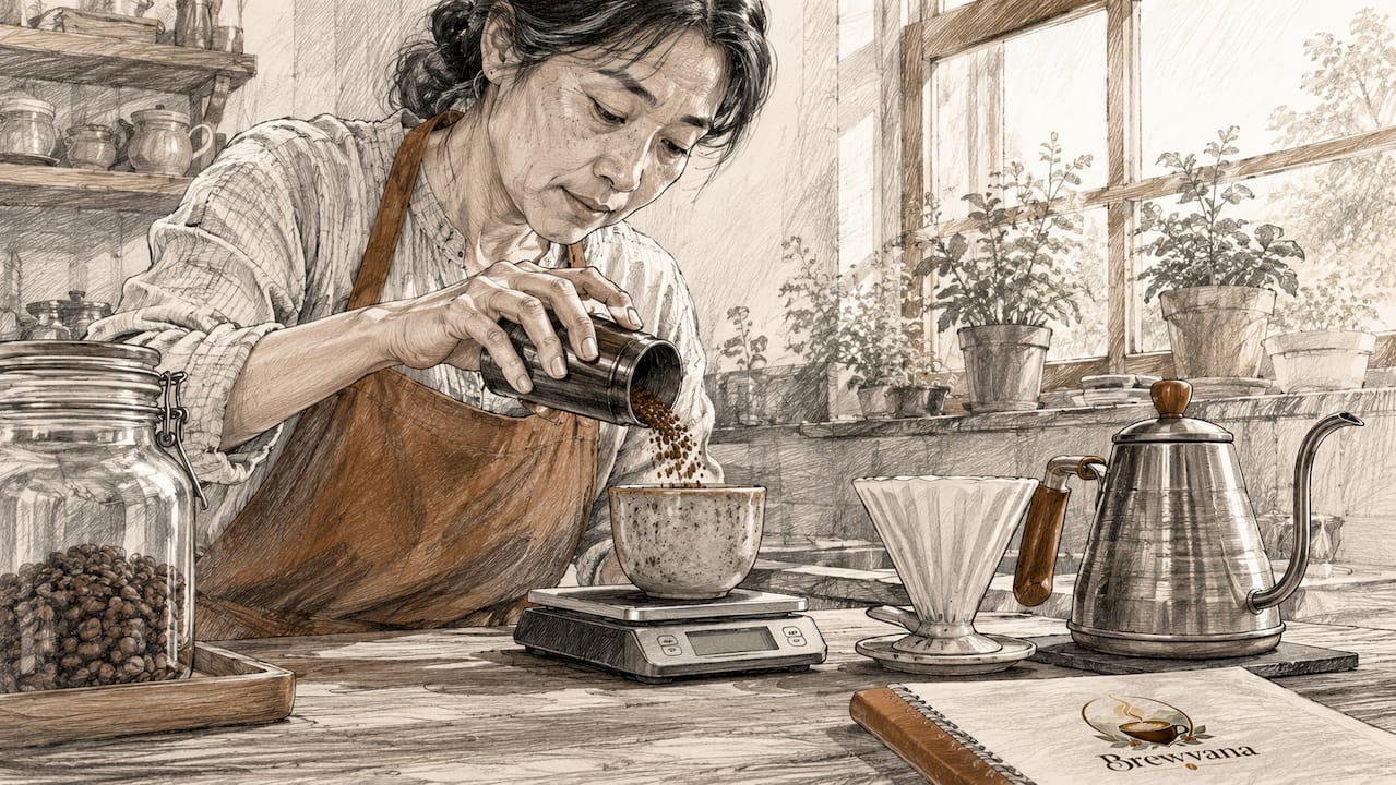 Woman grinding coffee beans at home kitchen