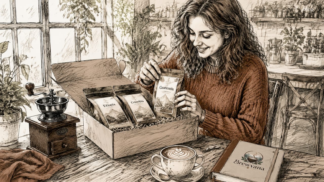Woman unpacking fresh coffee subscription delivery