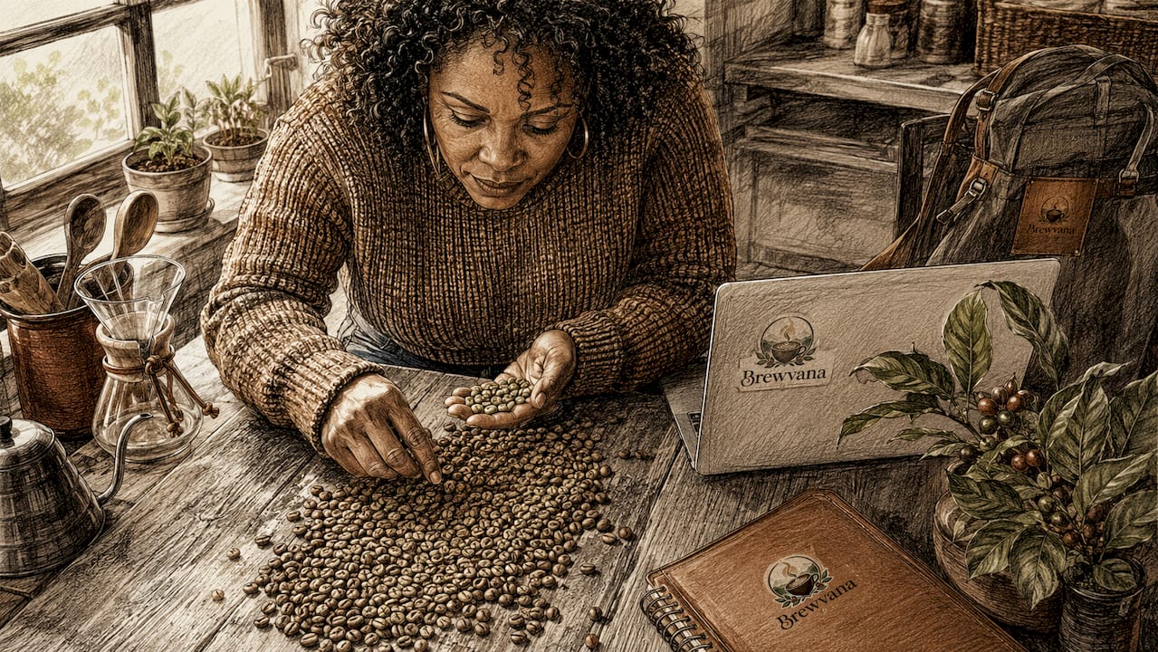 Coffee professional inspecting raw coffee beans