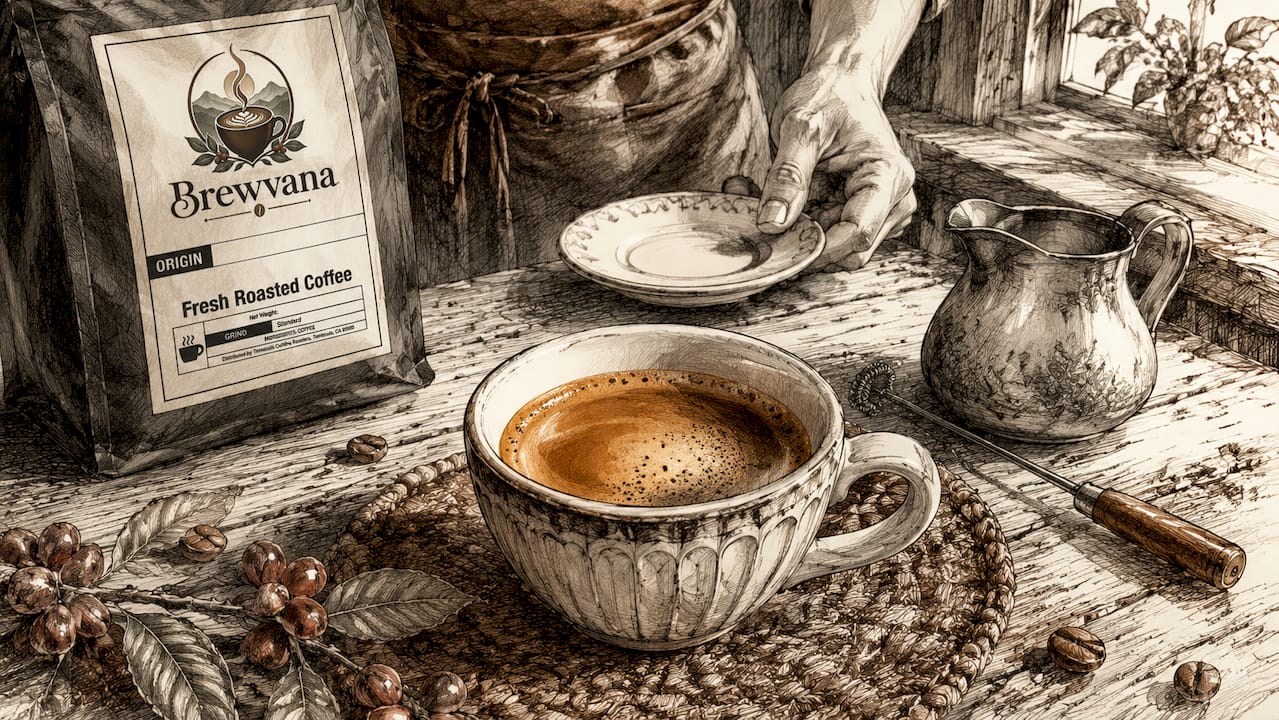 Close-up of golden espresso crema foam in cup