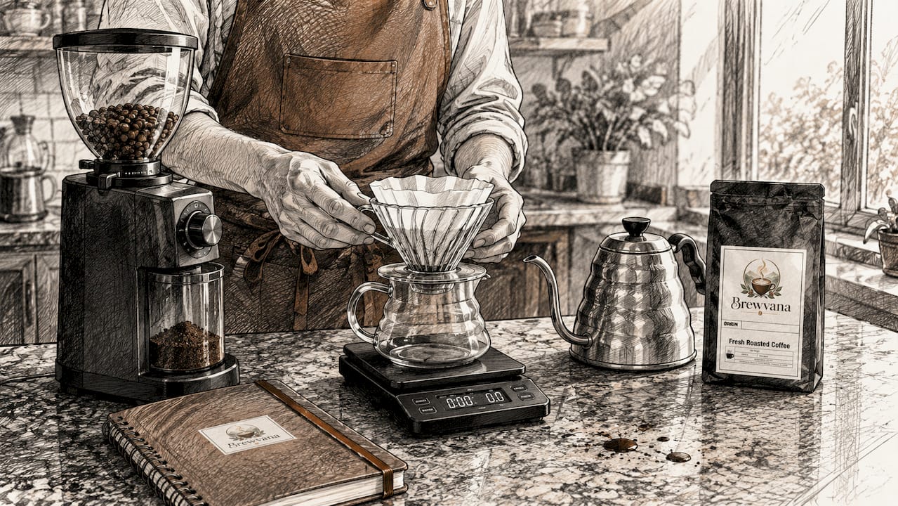 Hands preparing pour over coffee equipment on countertop