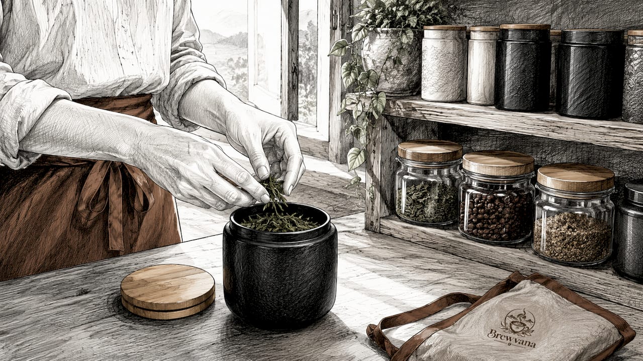 Hands storing green tea in opaque jar