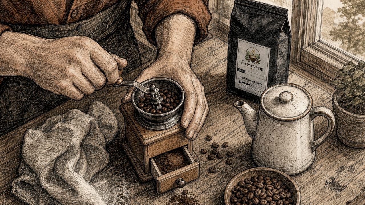 Hands grinding fresh coffee beans