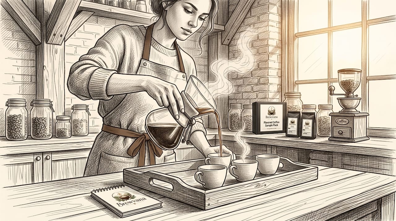 Barista pouring single-origin coffee samples on tray