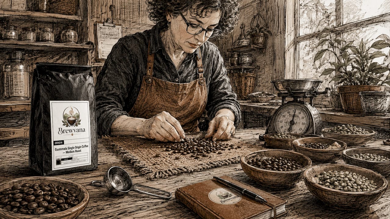 Coffee grader inspecting roasted beans at table