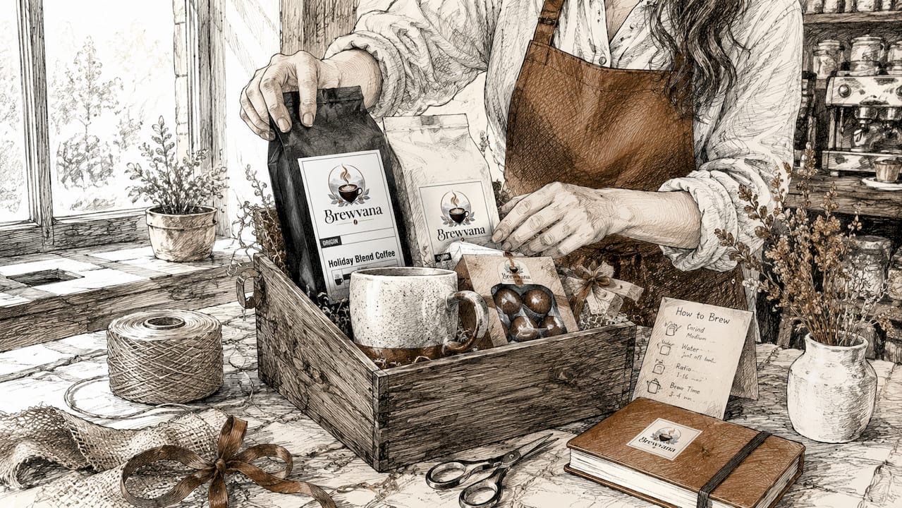 Hands arranging items in coffee gift basket