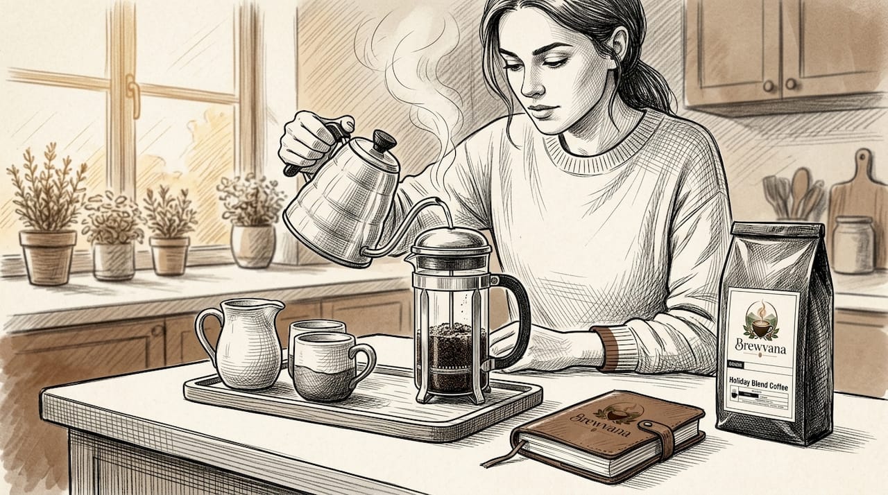 Woman brewing pour-over coffee at kitchen table