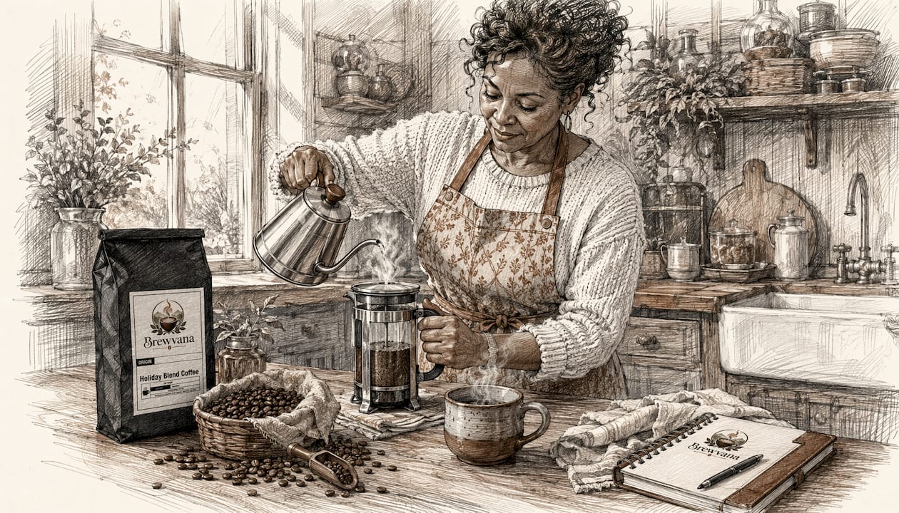 Woman preparing coffee with French press in kitchen