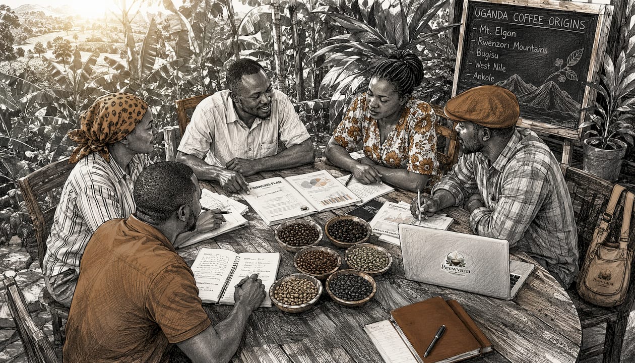 Coffee cooperative members discussing finances indoors
