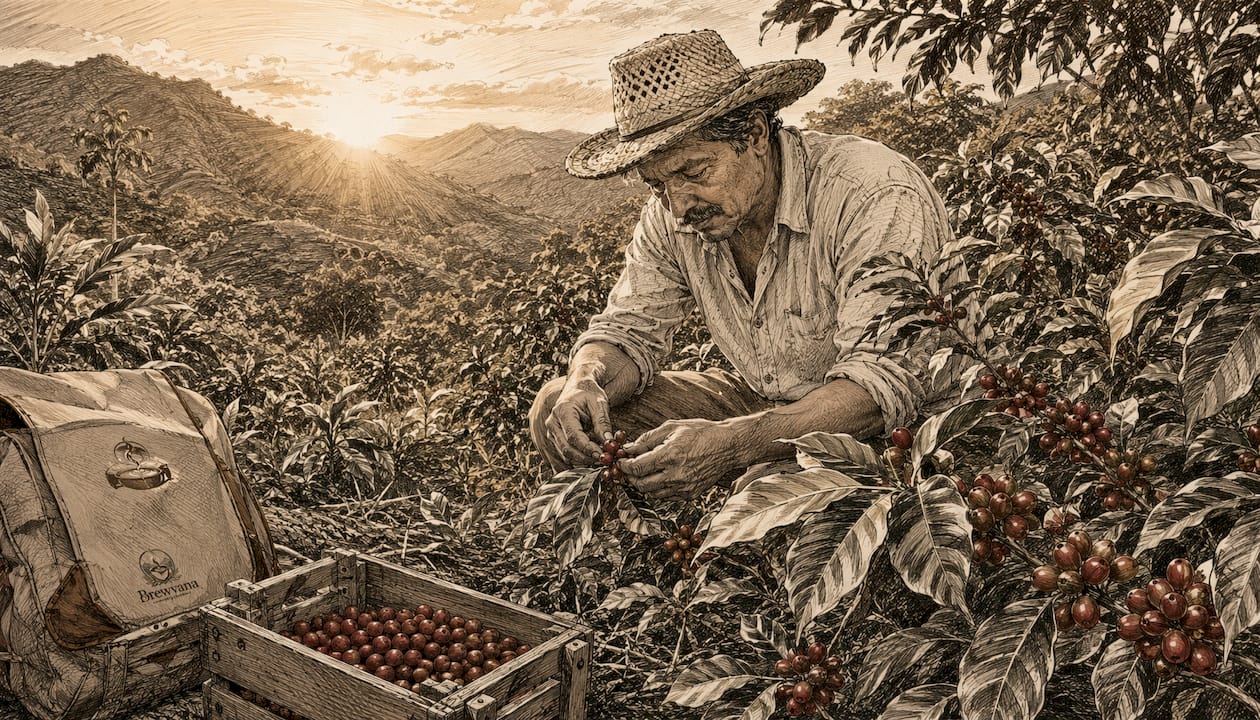 Coffee farmer inspecting plants on misty farm