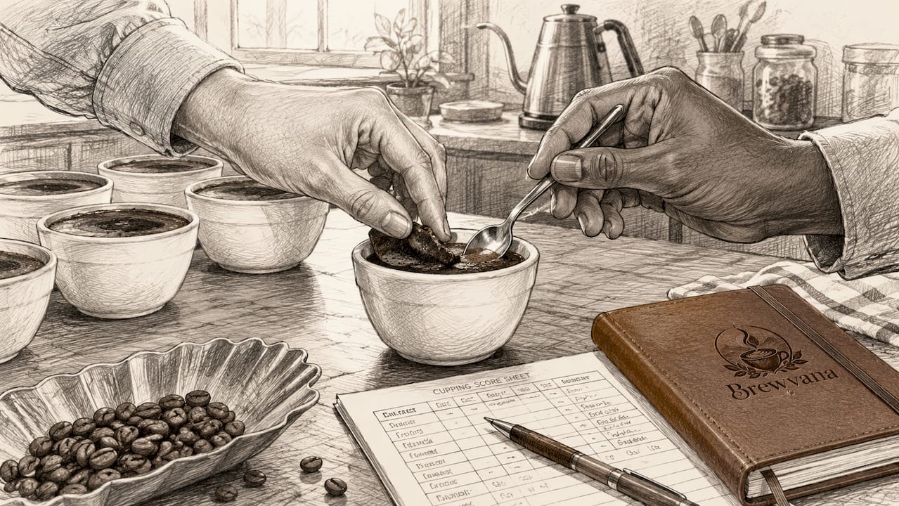 Close-up overhead of hands breaking coffee crust