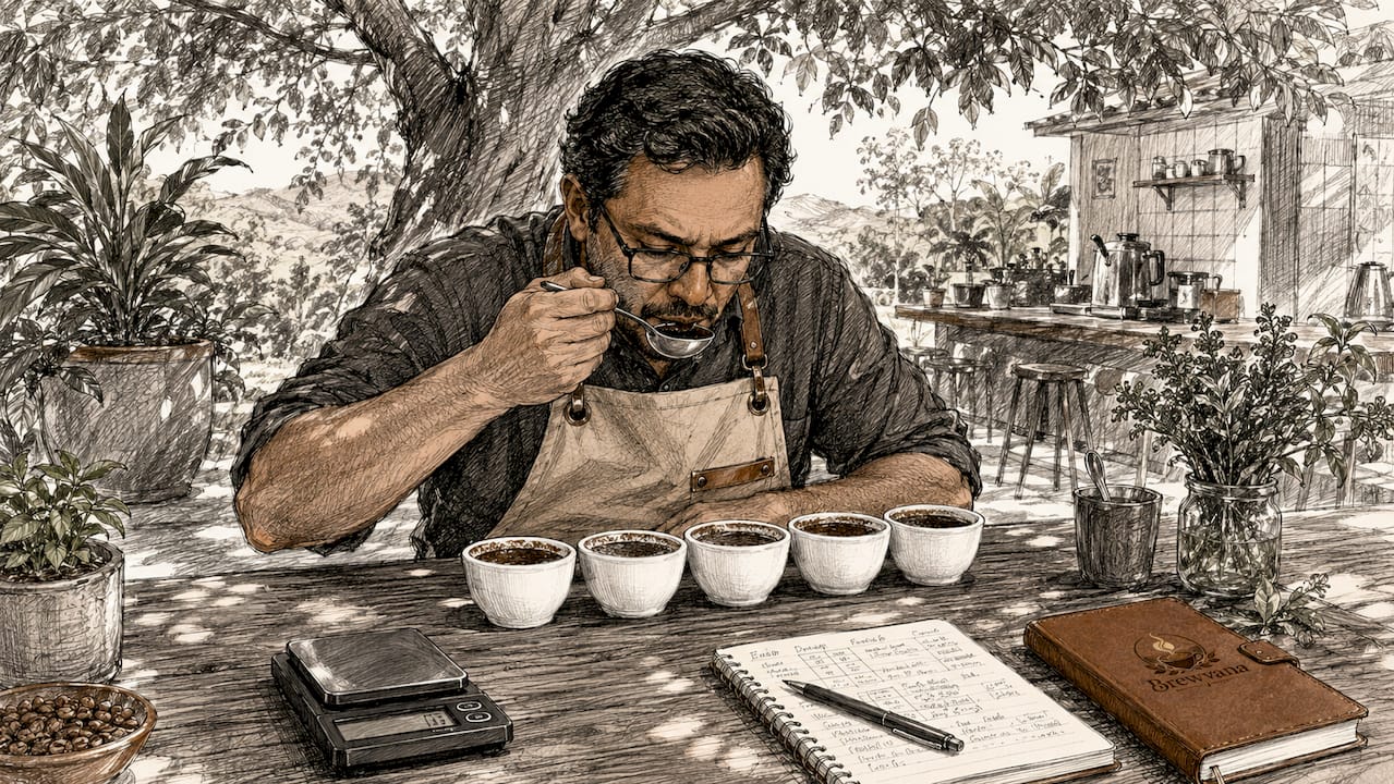 Professional cupping session with focused coffee taster