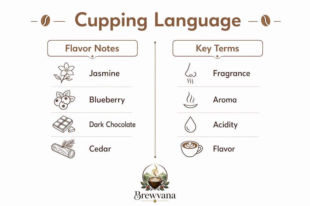 Infographic illustrating coffee cupping flavor notes and key terms