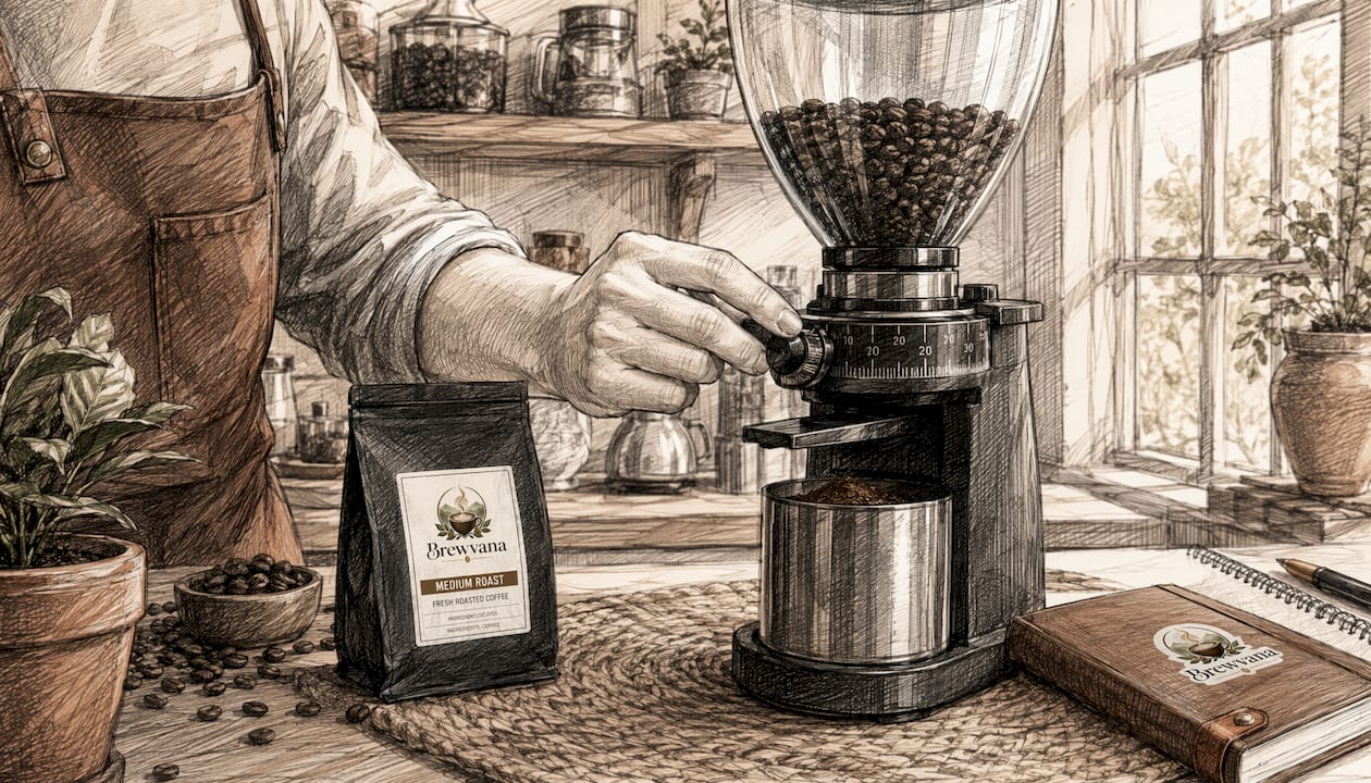 Person adjusting burr coffee grinder in kitchen