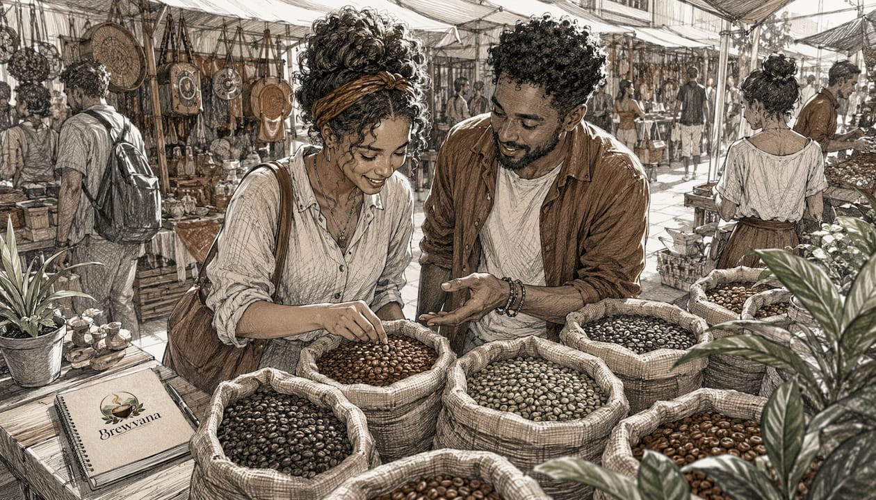 Hands selecting Ethiopian coffee beans at specialty store