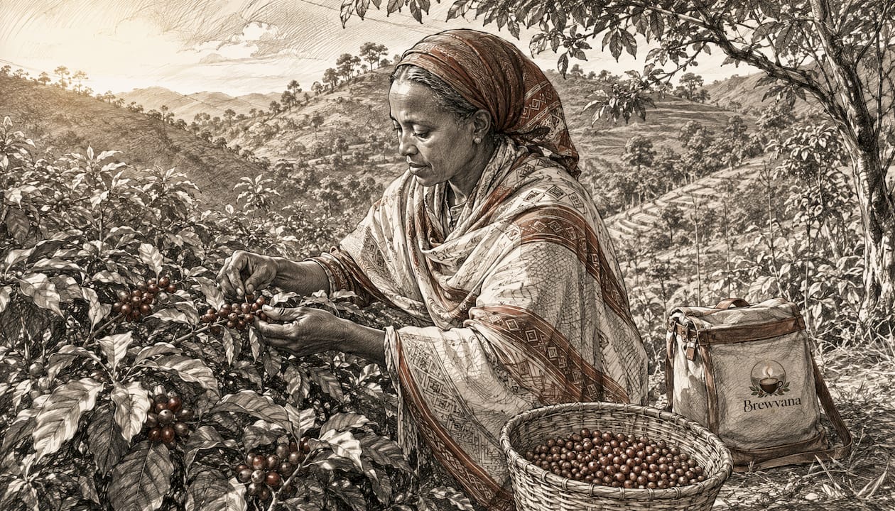 Ethiopian woman harvesting coffee cherries in Yirgacheffe