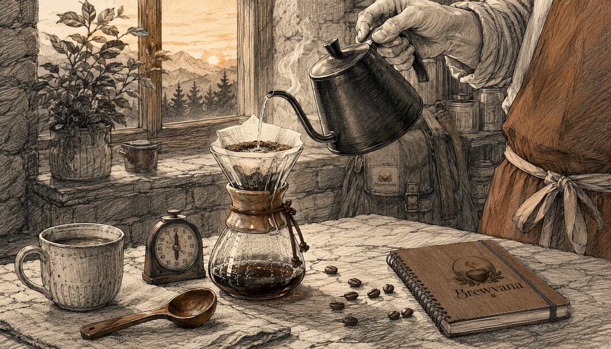Pour-over coffee brewing on kitchen counter