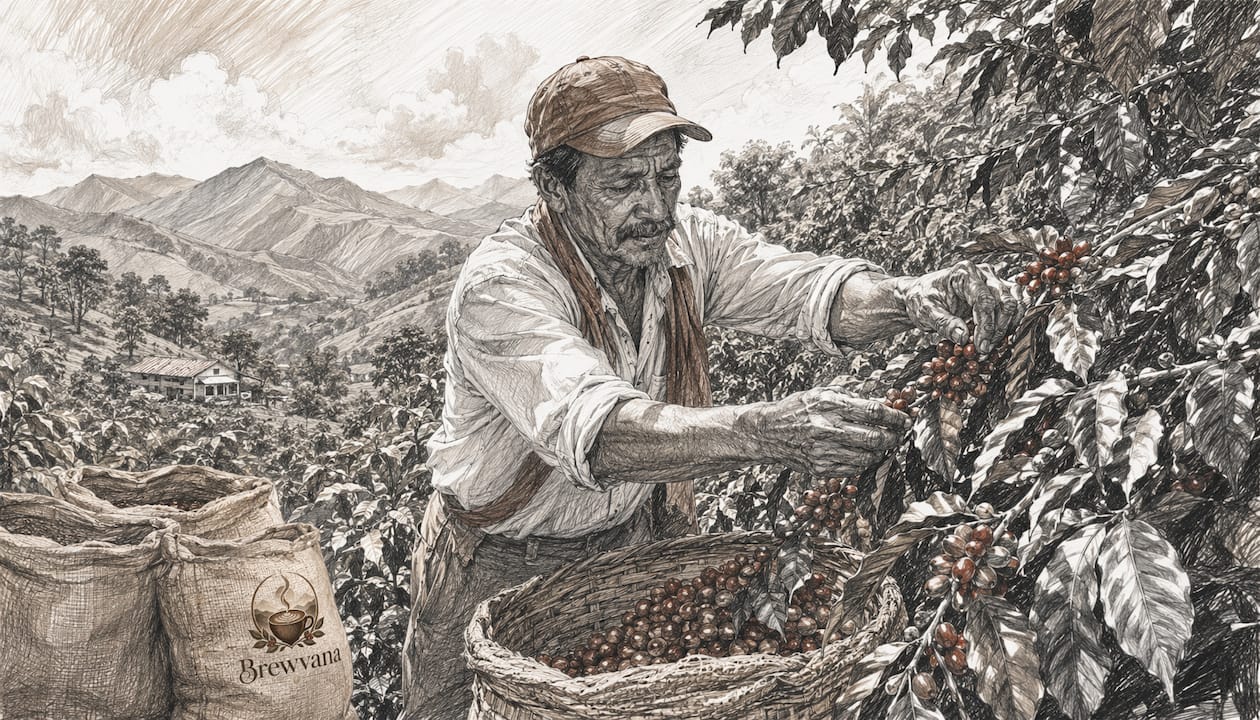 Coffee farmer harvesting ripe cherries by hand