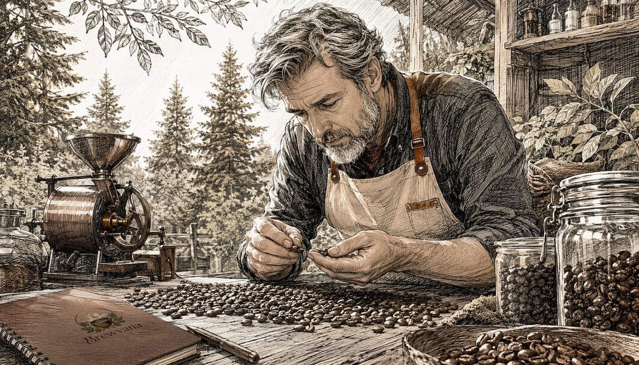 Coffee roaster carefully inspecting roasted beans