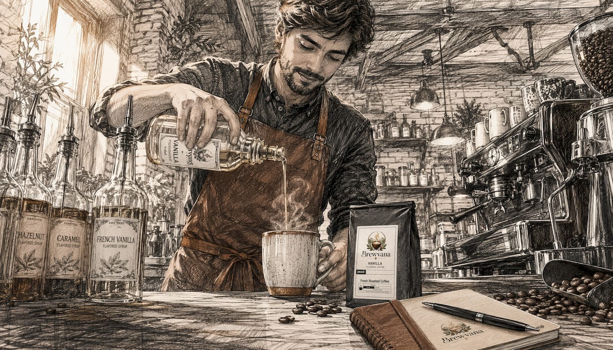 Barista pouring vanilla syrup into coffee cup