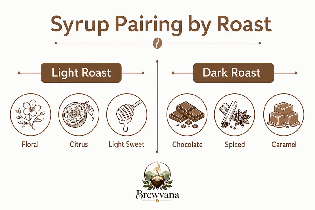 Infographic illustrating syrup pairing recommendations by coffee roast level