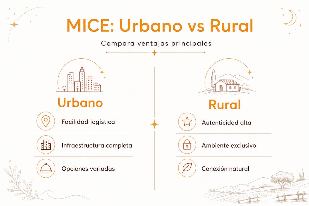 Comparativa visual entre el turismo MICE en entornos urbanos y rurales