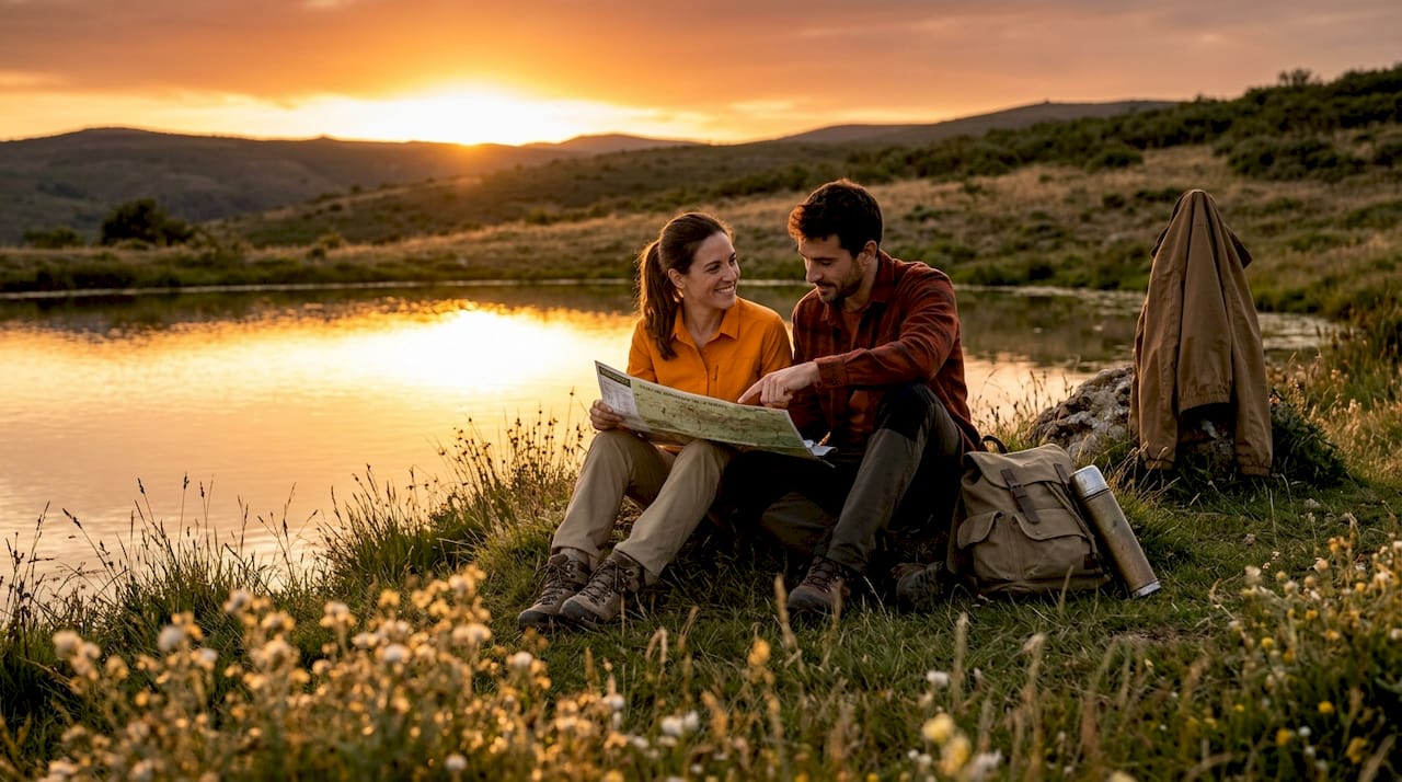 Pareja explorando una poza natural rural