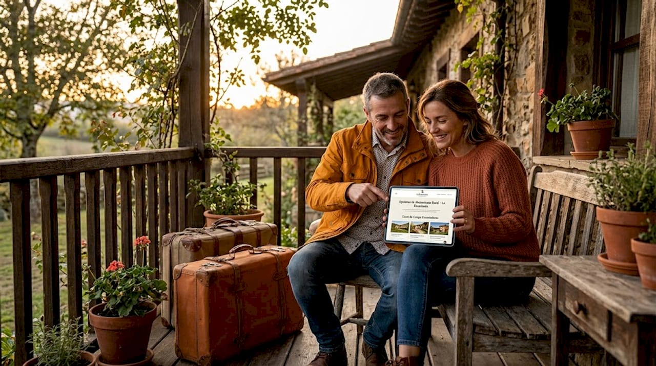 Couple researching authentic rural stays Spain