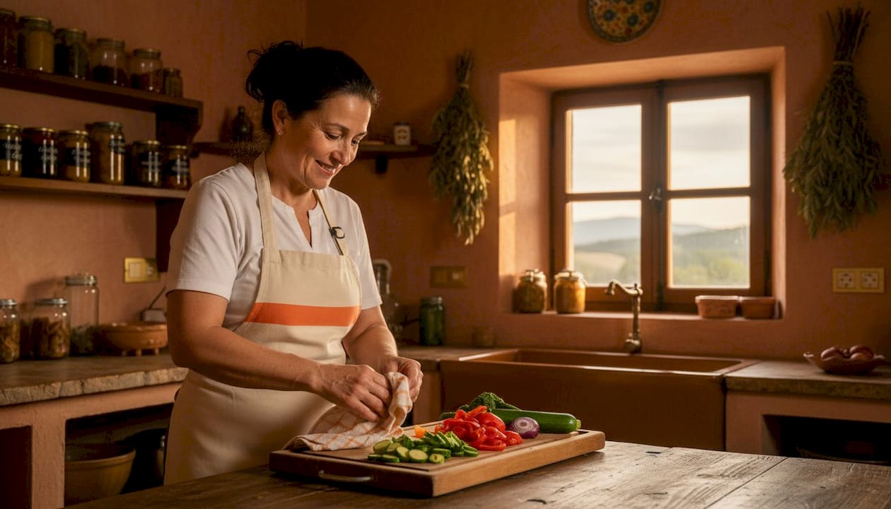 Un chef preparando platos en una cocina rural, rodeado de ingredientes frescos y el encanto del campo.
