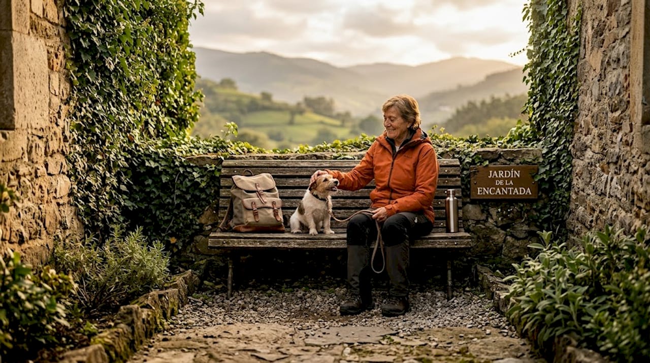 Mujer y perro disfrutando de un descanso en un hotel rural de Asturias