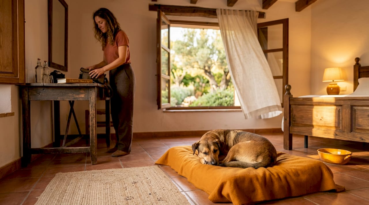 Un perro tranquilo se acomoda en una habitación de un hotel rural, disfrutando de la calma del entorno.