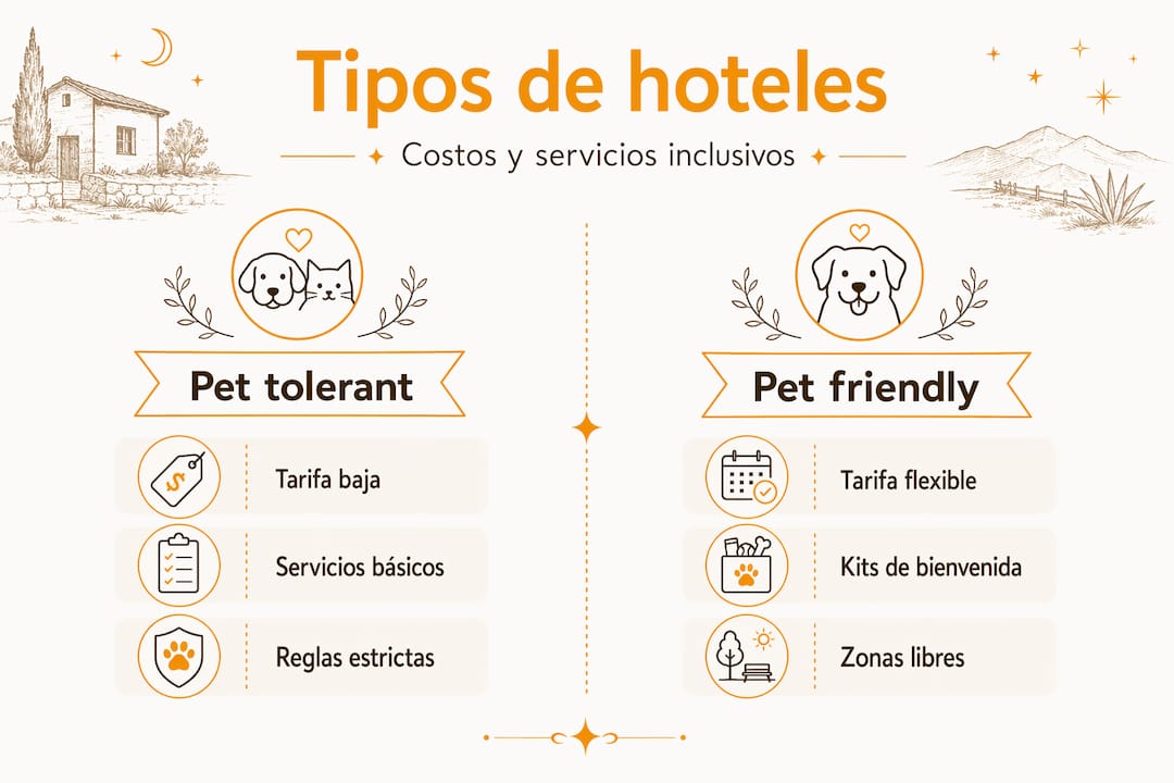 Infografía comparativa: servicios de hoteles que aceptan mascotas frente a hoteles que solo las toleran