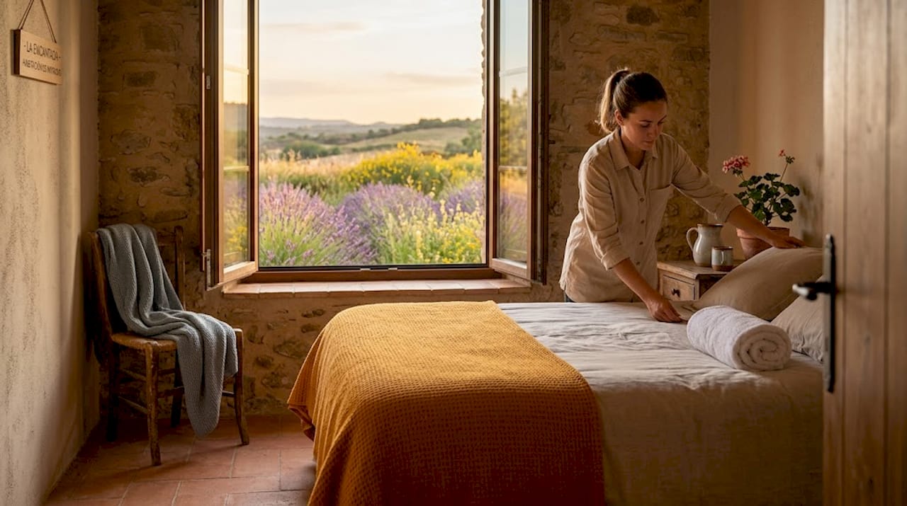 El personal del hotel pone a punto una acogedora habitación rural para recibir a sus huéspedes.