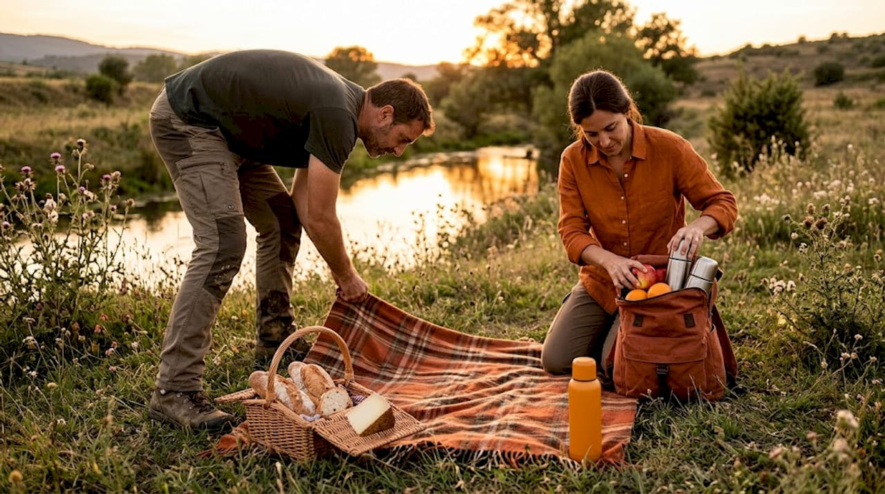 Una pareja organiza un picnic a orillas de un río, rodeados de bosque.