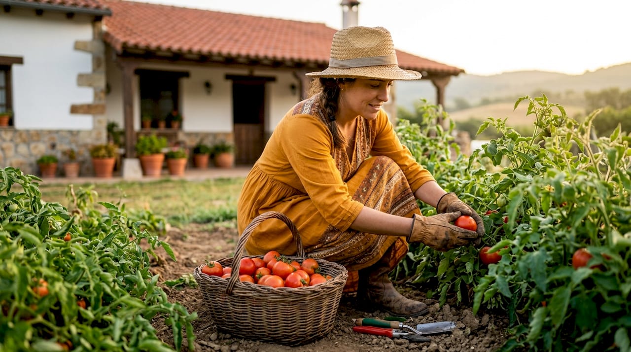 Una mujer cosecha tomates en un huerto del campo.