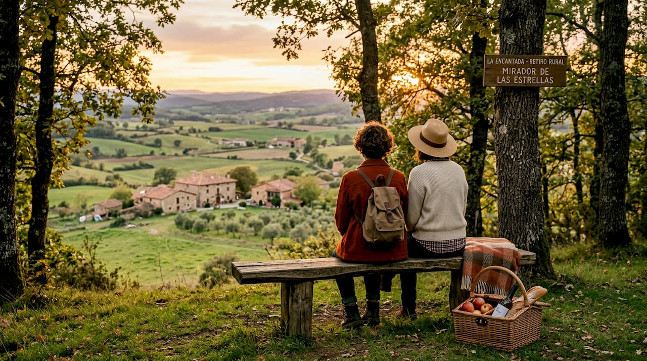 Un grupo de viajeros descansa mientras disfruta de la vista del paisaje rural.
