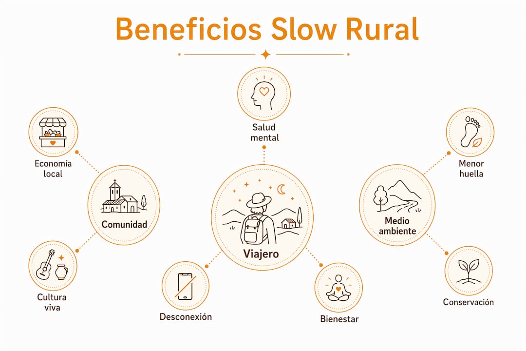 Infografía sobre los principales beneficios del turismo rural slow, organizada de forma jerárquica