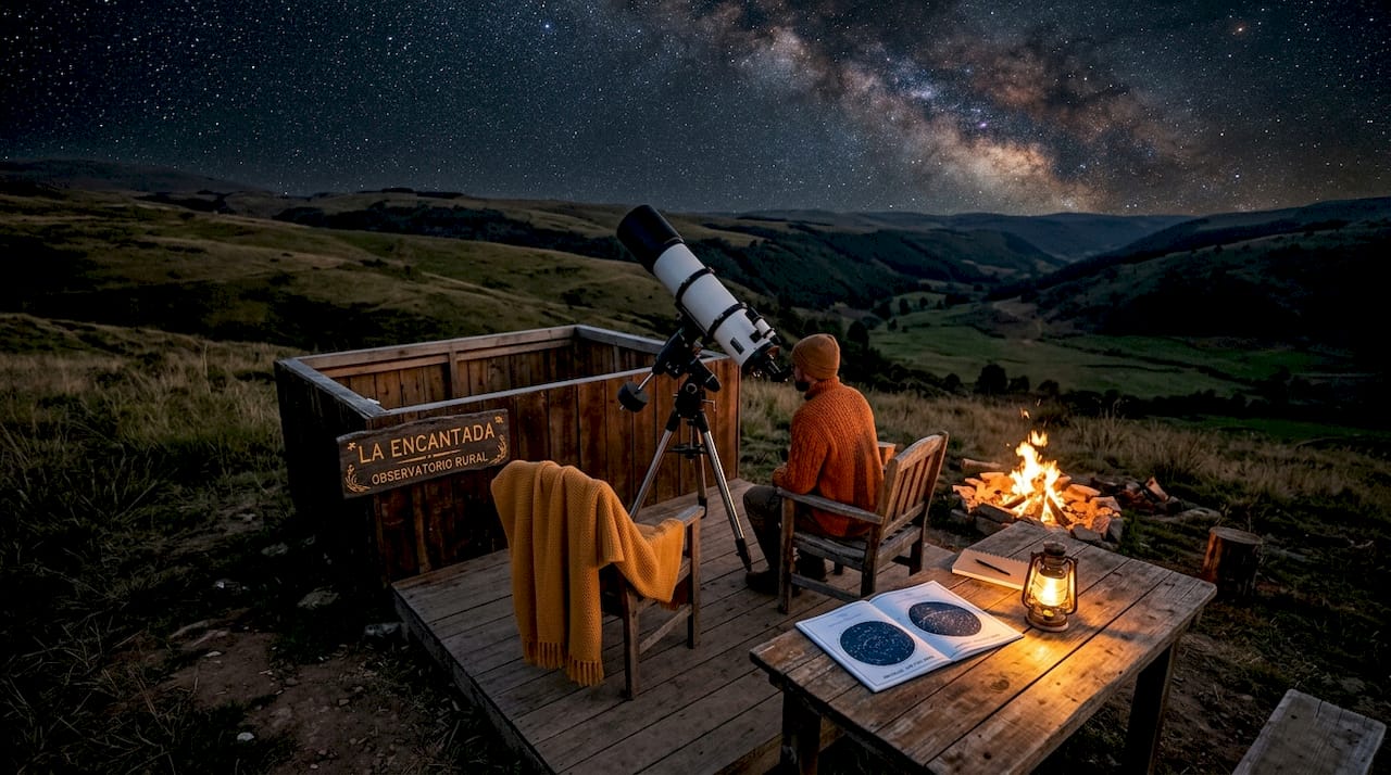 Un telescopio instalado en un observatorio rural, contemplando el firmamento cubierto de estrellas.