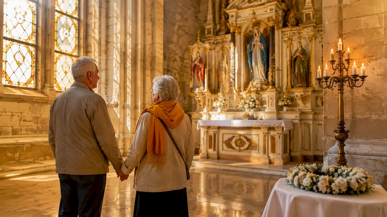 Interior de una iglesia con una pareja contemplando el altar